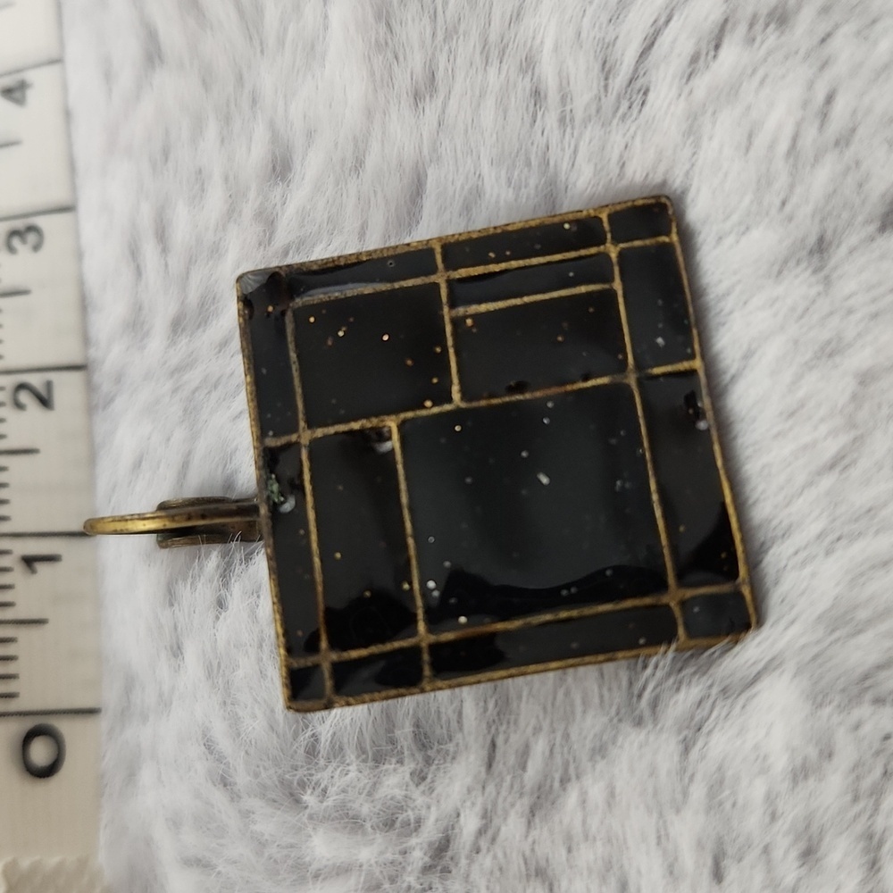 Vintage Black Enamel Square Dangle Earrings Gold Tone Geometric Abstract Art Dec - Picture 5 of 5